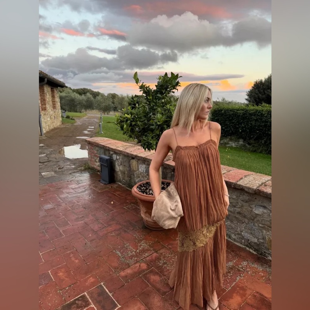Zara NWT Tan Brown Wrinkled Embroidered Contrast Crochet Midi Maxi Dress (Small) - Picture 4 of 10
